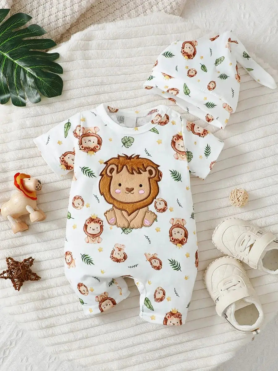 Ensemble Bébé Garçon 3 Pièces - Motif Lion - Sweat à Capuche, Short et Chapeau